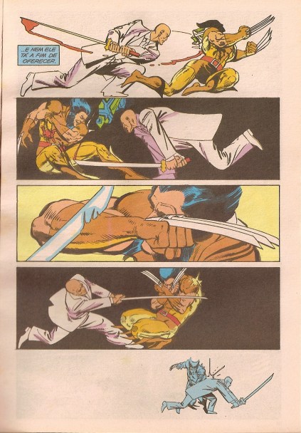 Wolverine e Shigen em confronto mortal: arte dinâmica de Frank Miller.