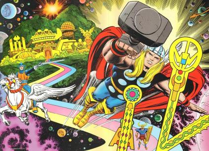 Thor, Asgard e a Bifrost por Jack Kirby.