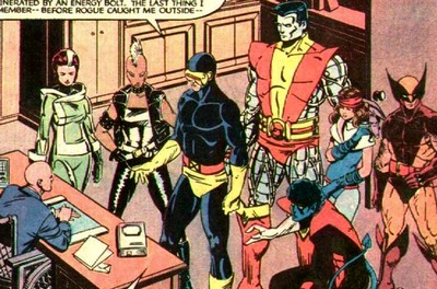 Os X-Men na fase de Claremont e Smith: Vampira, Tempestade, Ciclope, Colossus, Noturno, Ninfa (Kitty Pryde) e Wolverine.