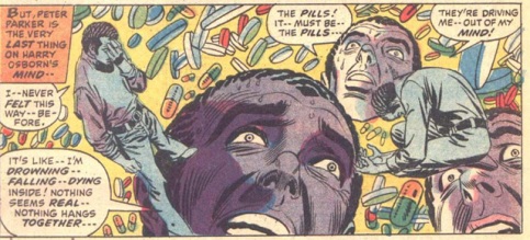 Harry Osborn sofre em uma viagem de drogas em um painel "viajante" de Gil Kane. Stan Lee tocando em temas delicados.