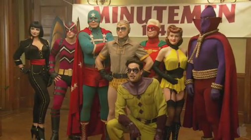 Os Minutemen, a geração de heróis anterior aos Watchmen em sua versão no cinema.