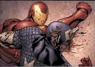 Homem de Ferro versus Capitão América. Arte de Steve McNiven.
