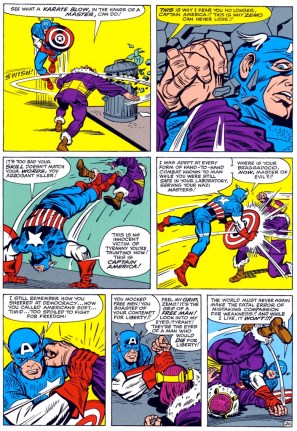 Capitão América vs. Barão Zemo na arte de Jack Kirby.