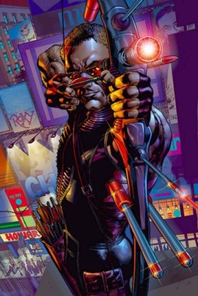 O Gavião Arqueiro no Universo Ultimate. Arte de Bryan Hitch. 