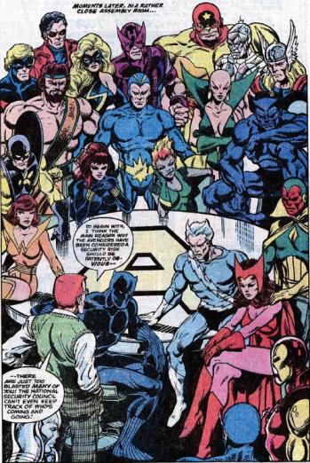 Avengers 181 traz 16 Vingadores e os Guardiões da Galáxia: hora de uma faxina. Arte de John Byrne.