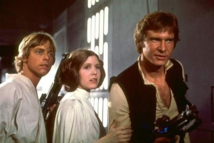 Luke, Leia e Han Solo na primeira trilogia: unidos à nova geração.