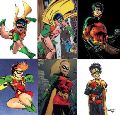 Os Robins em sentido horário: Dick Greyson, Jason Todd, Tim Drake, Damian Wayne, Stephannie Brown e Carrie Kelley.
