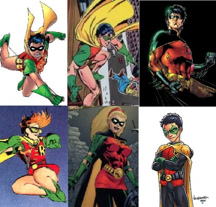 Em sentido horário: Dick Greyson, Jason Todd, Tim Drake, Damian Wayne, Stephannie Brown e Carrie Kelley.