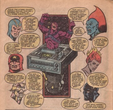 Os Guardiões originais e o vilão Korvac, no meio. 