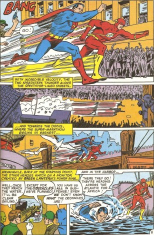 Superman e Flash disputam uma corrida.