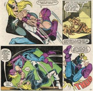 Luta entre Harpia e o Gavião Arqueiro na minissérie de 1983.