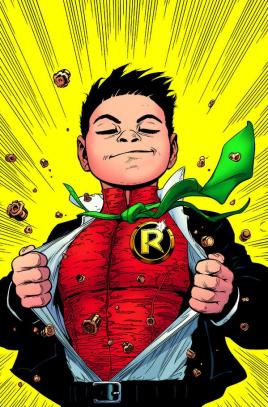Damian Wayne retorna ao papel de Robin (agora com superpoderes) na capa de Batman & Robin 38. 