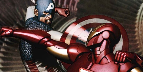 Capitão América versus Homem de Ferro em Guerra Civil.