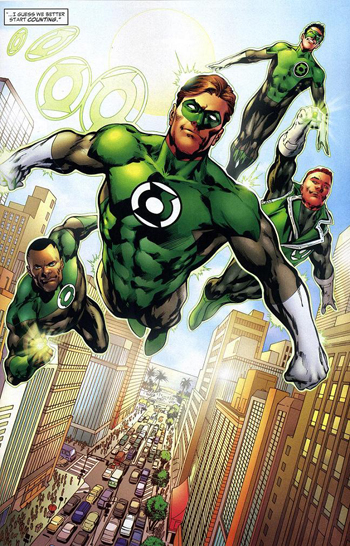 John Stewart, Hal Jordan, Kyle Rayner e Guy Gardner: os quatro Lanternas Verdes da Terra.