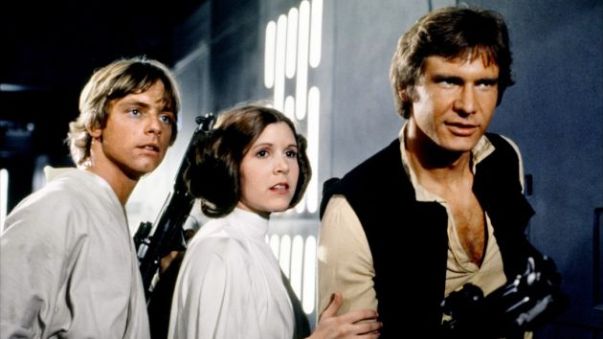 O trio de protagonistas: Luke Skywalker, Leia Morgana e Han Solo.