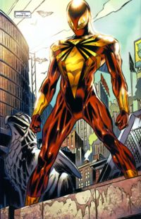 O uniforme dourado e vermelho do Homem-Aranha na Guerra Civil dos quadrinhos.