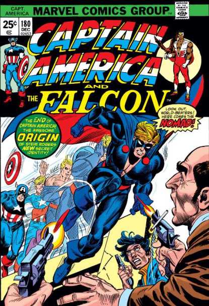 Steve Rogers se torna o Nômade, na capa de Captian America 180, de 1976. Arte de Gil Kane.