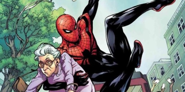 spider-man black suit comics save a old woman